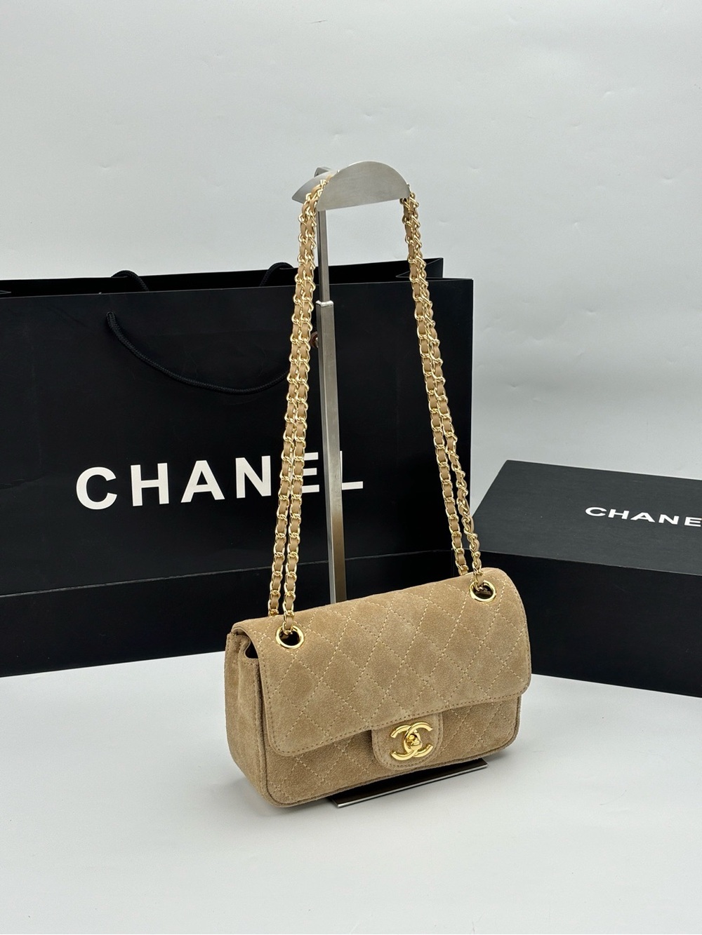 Chanel Quilted Suede Shoulder Bag in Beige with Gold Hardware